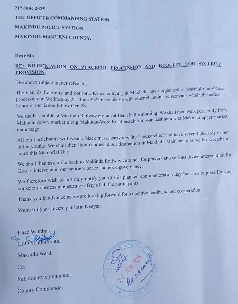 Makindu Gen Z Youth Submit Letter to OCS Ahead of Planned Peaceful Demonstrations