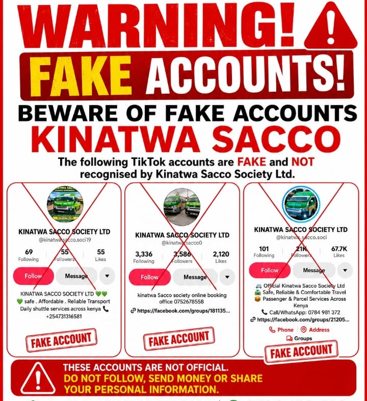 ⚠️ PUBLIC NOTICE: BEWARE OF FAKE KINATWA SACCO SOCIAL MEDIA ACCOUNTS ⚠️.