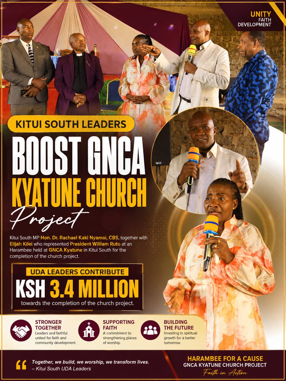Kitui South MP Rachael Kaki Nyamai Leads UDA Leaders in KSh 3.4 Million Church Fundraiser at GNCA Kyatune.
