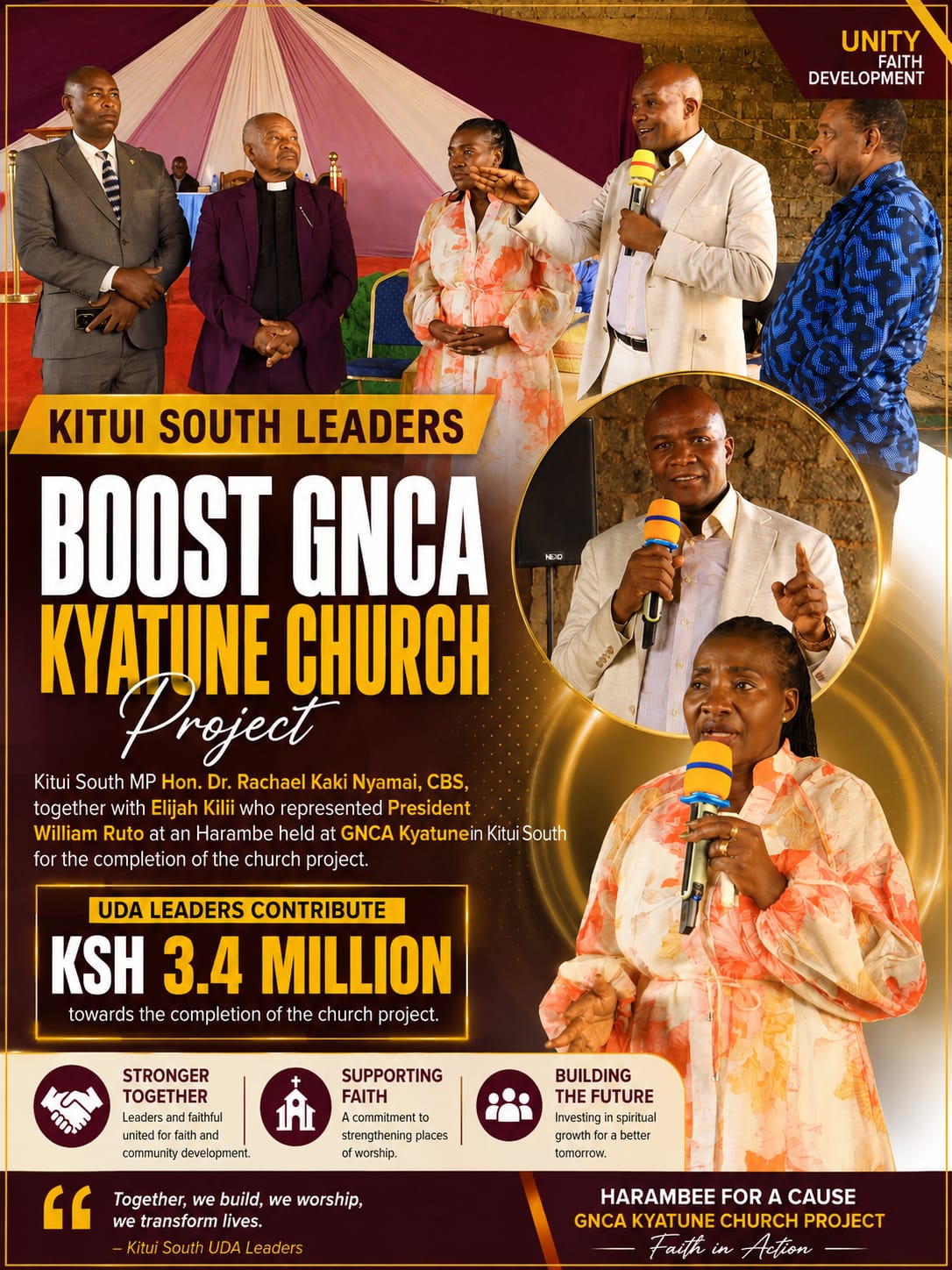 Kitui South MP Rachael Kaki Nyamai Leads UDA Leaders in KSh 3.4 Million Church Fundraiser at GNCA Kyatune.